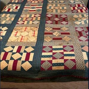 SOLD Handmade Patchwork Quilt in Blue, Red, Cream pre civil war